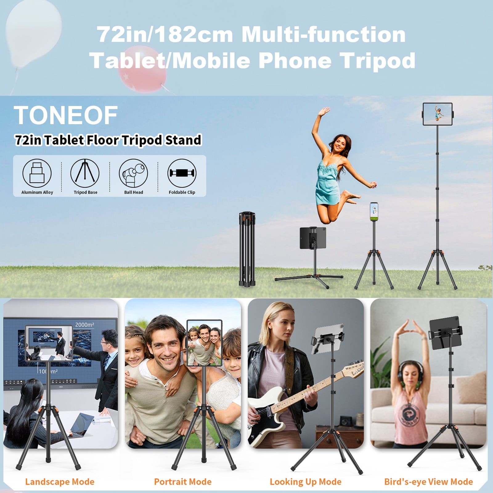 TONEOF 72IN Tablet Stand, 360° Rotating Tablet Tripod, Height Adjustable Floor Stand Tripod, Portable Cell Phone Tripod for Cell Phone/Tablet