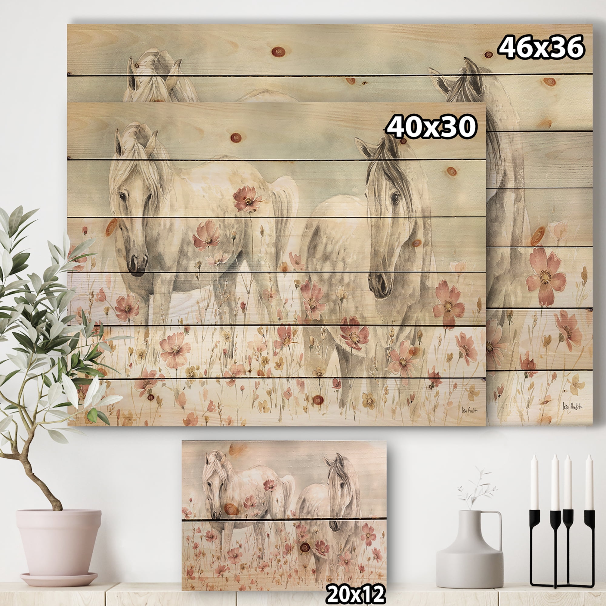 Designart 'Watercolors Pink Wild Horses ' Farmhouse Print On Natural Pine Wood