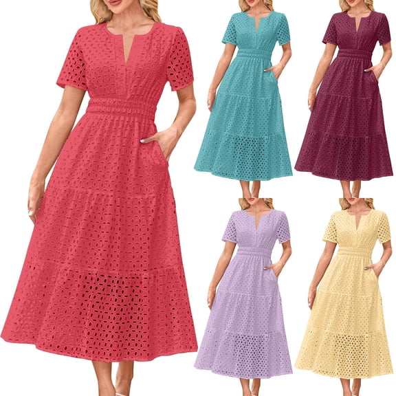 TAGOLD Womens Short Sleeve V-Neck Ankle Dress Solid Color Eyelet Ruffle A Line Maxi Summer Casual