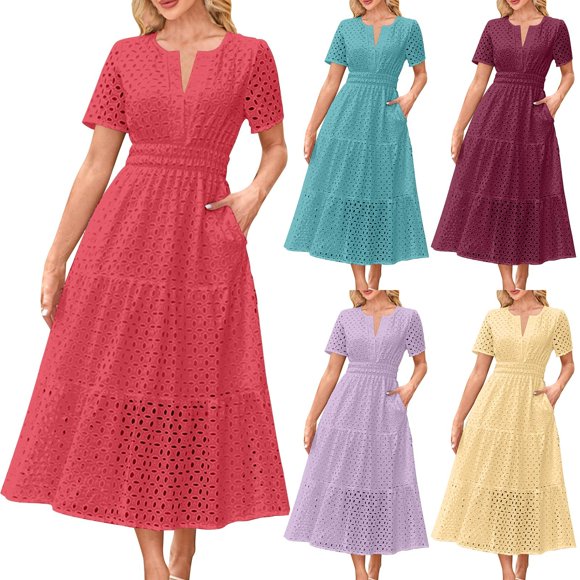 Sentmoon Wedding Guest Dresses for Women Holiday Short Sleeve V Neck Plus Size Dresses for Curvy Women Solid Color Pleated Breathable Regular Fit Long Dresses for Women Holiday