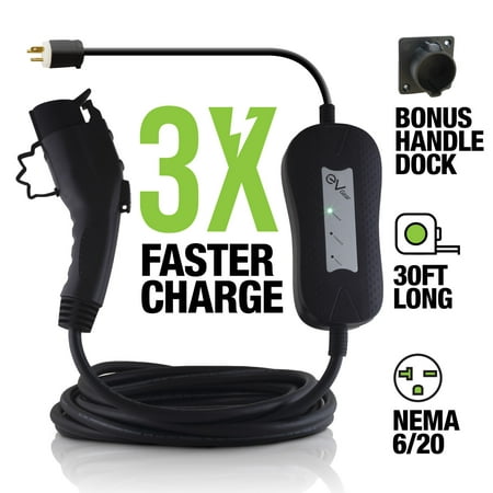 Level 2 EV Charger by EV Gear, 30 ft Portable Plug-In Charger, 240v, Includes Handle Dock, Works with all Electric & Hybrid Cars such as Chevy Volt or Bolt, Nissan Leaf, Prius Prime, Tesla