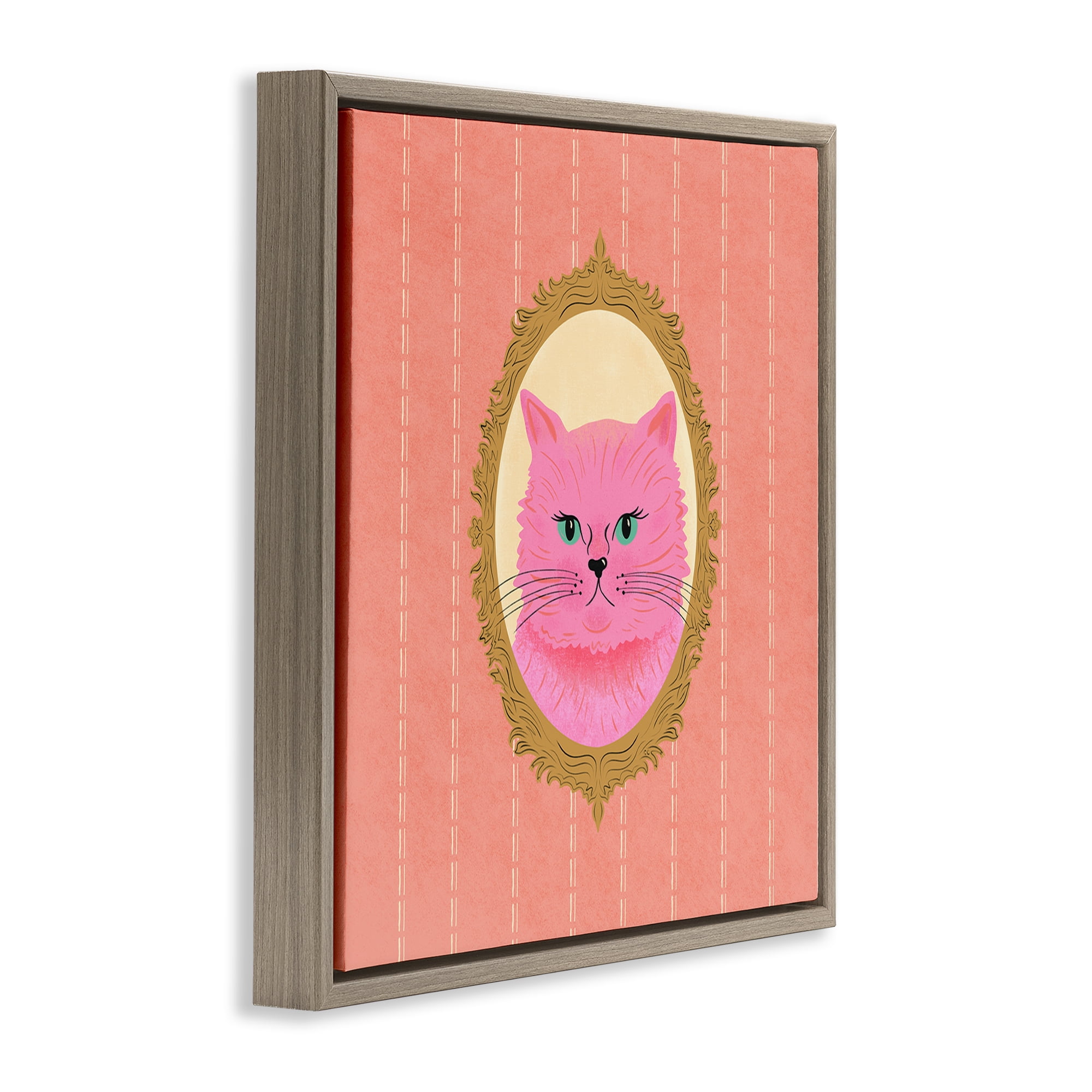 Stupell Industries Pink Cat Portrait Animals Painting Brown Floater Framed Canvas Art Print Wall Art, 18 x 18