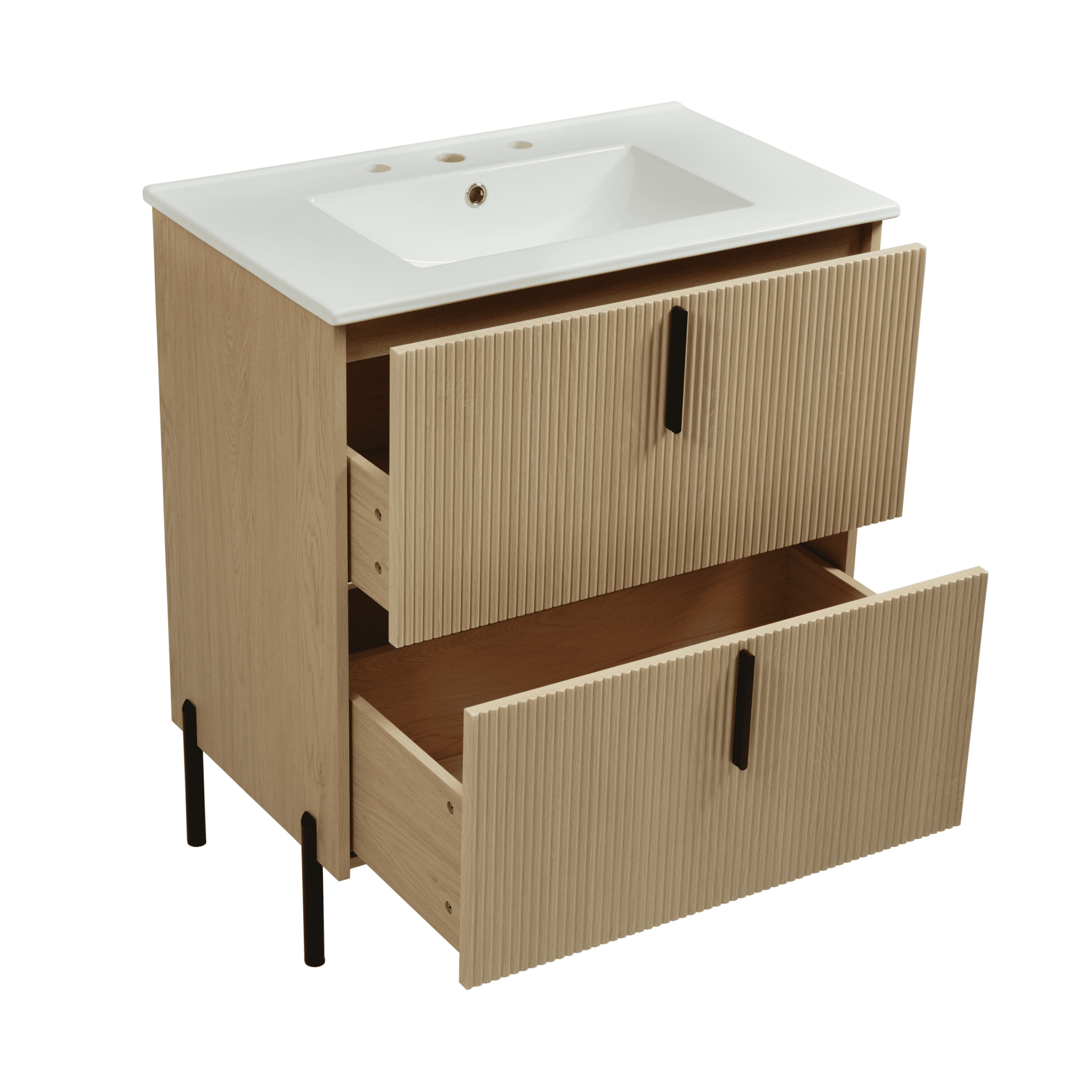 30" Bathroom Vanity with Ceramic Sink and Full-Extension Drawers, Soft Close Undermount Drawer Slides, Fluted Design, Natural