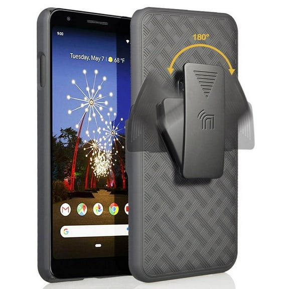 Case with Clip for Google Pixel 3a, Nakedcellphone [Black Tread] Kickstand Cover with [Rotating/Ratchet] Belt Hip Holster Combo for Google Pixel 3a (2019)