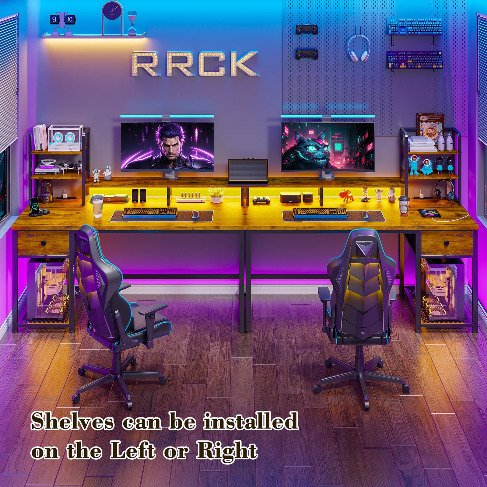 Romorgniz 44"W Computer Desk with Hutch, Gaming Desk with LED Lights & Power Outlets, Small Desk with Drawer and Monitor Stand, Writing Desk for Home Office, Rustic Brown