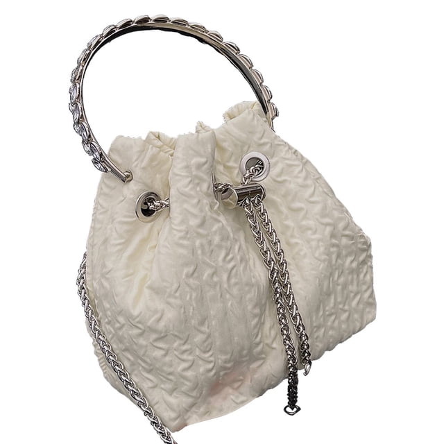 Women Bucket Bags Chains Rhinestone Drawstring Ladies Handbags Purse (Pink)