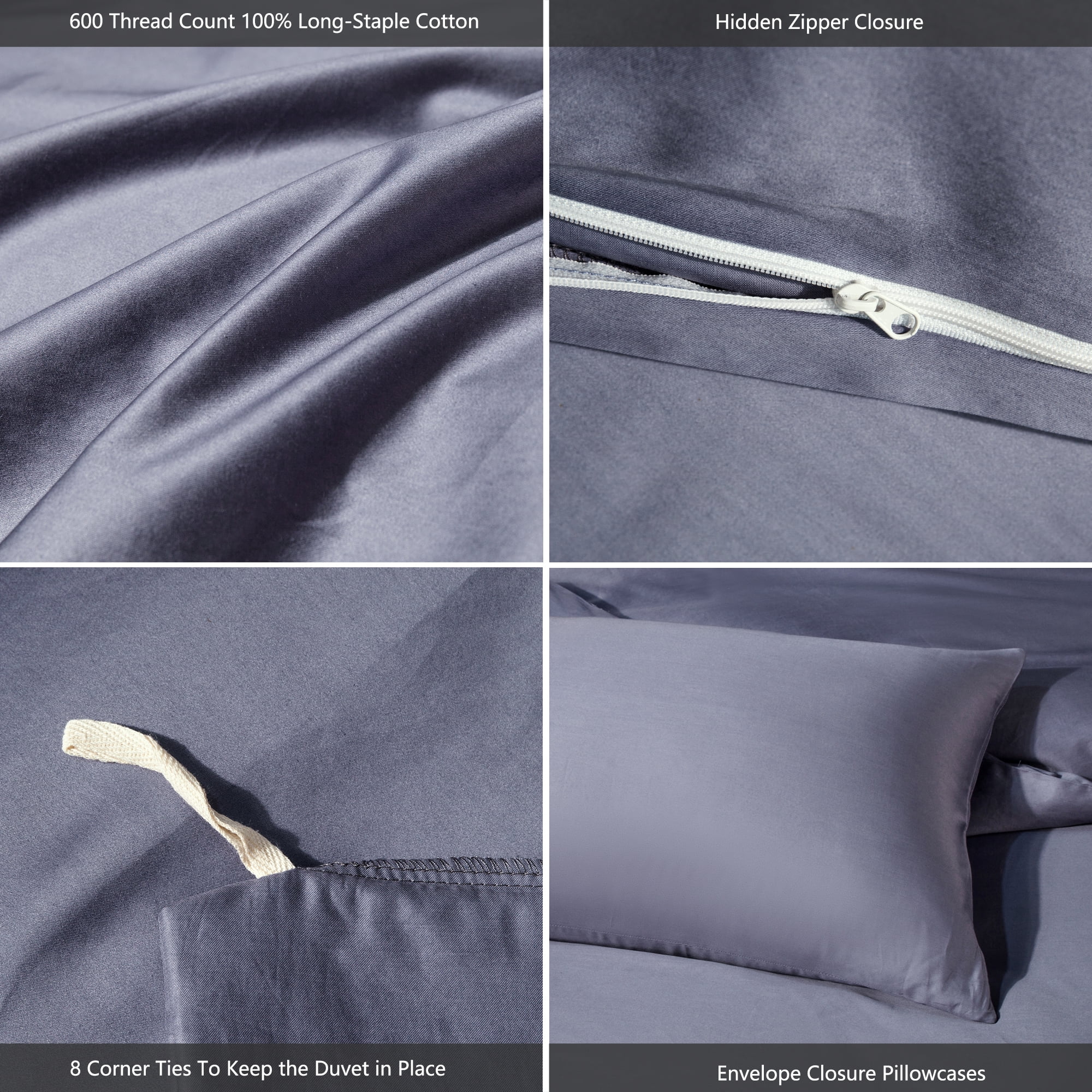 MooMee Duvet Cover Set Queen 600-TC 100% Extra Long-Staple Cotton Sateen Silky Smooth Luxury (Blueish Grey)
