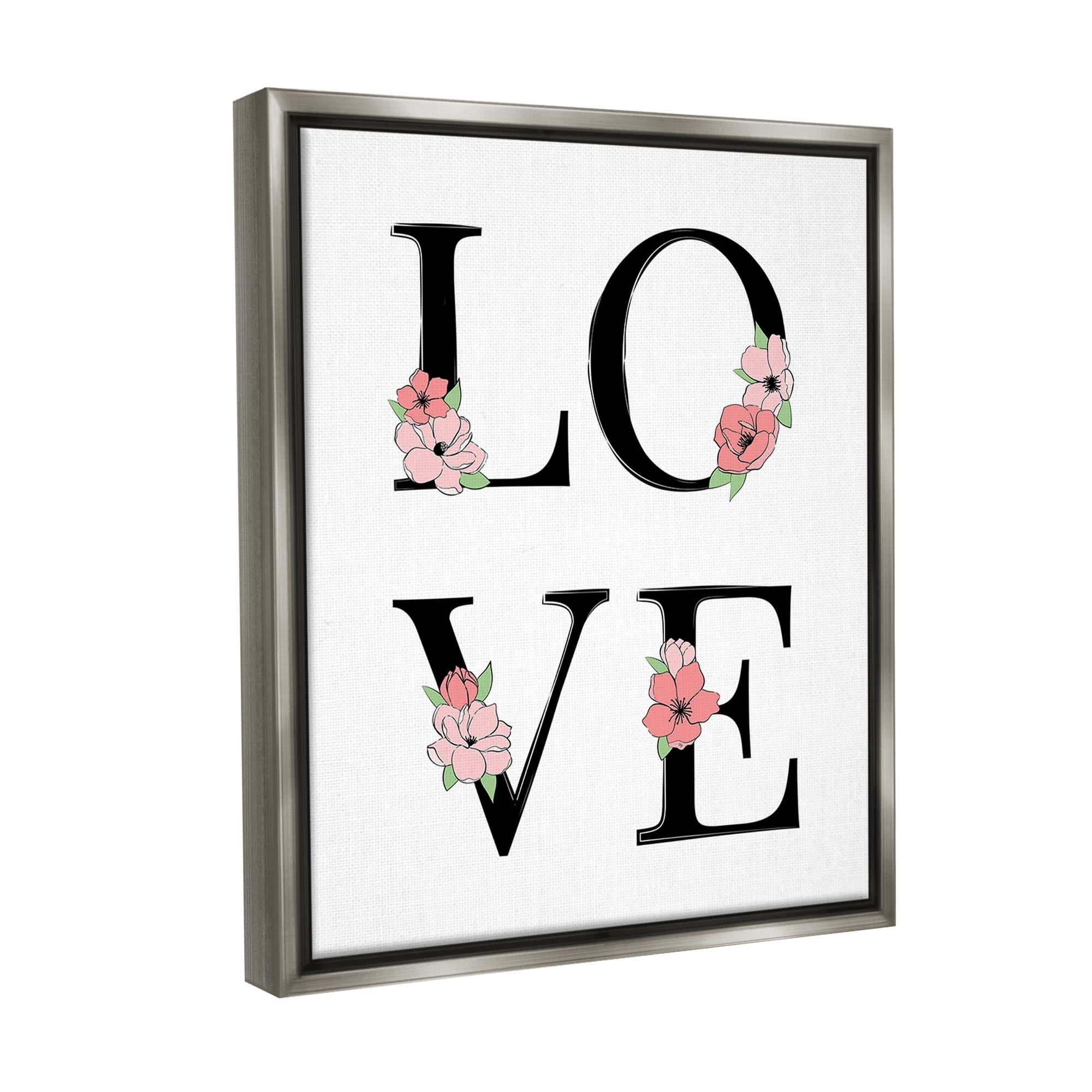 Stupell Industries Love with Floral Letters Botanical & Floral Painting Gray Floater Framed Canvas Art Print Wall Art, 25 x 31