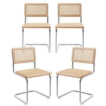 Zesthouse Rattan Dining Chairs Set of 4, Mid Century Modern Dining Room Chairs with Cane Full Back & Seat, Chrome Metal Legs, Cantilever Kitchen Side Chairs for Dining Living Room, Natural