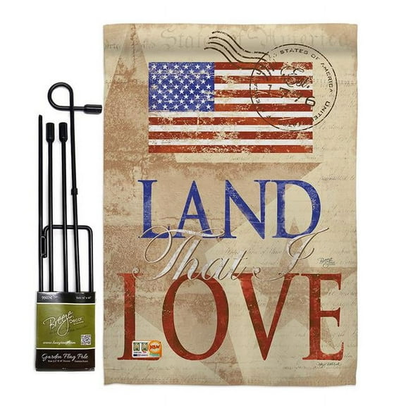 Breeze Decor BD-PA-GS-111054-IP-BO-D-US12-SB 13 x 18.5 in. Land That I Love Americana Patriotic Vertical Double Sided Mini Garden Flag Set with Banner Pole