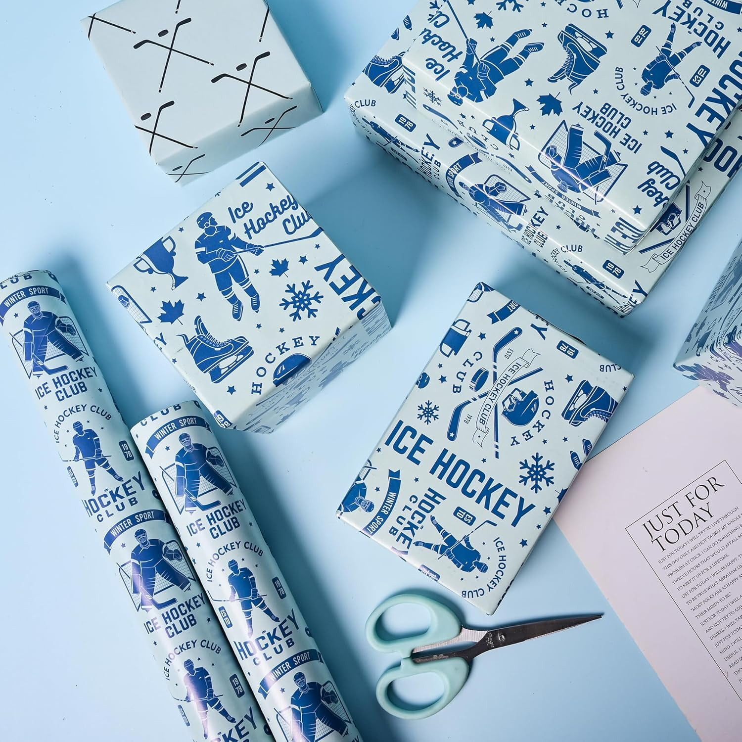 Reversible Ice Hockey Wrapping Paper Roll Blue Hockey Sports Gift Wrap Sheets for Girls Boys Men Women Birthday Holiday Party - Total 28.5sq.ft