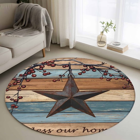 Round Rugs 3.3Ft, Texas Star Vintage Round Area Rug Washable Indoor Throw Carpet, Berry Navy Blue Brown Wooden Soft Non Slip Circle Rug for Laundry Room Patio Home Decor Aesthetic