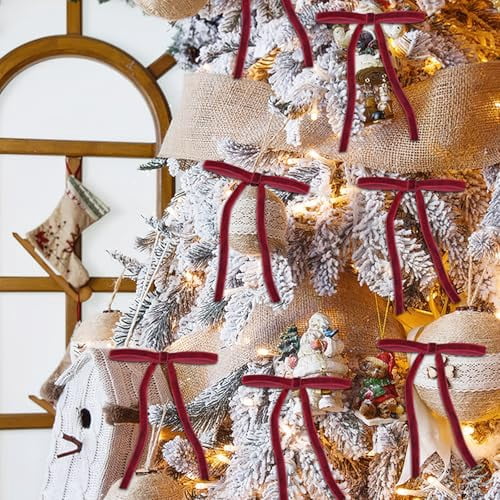 24 Count Rustic Red Velvet Christmas Ornaments and 5x7 Inch Pre-Tied Bows for Tree, Wreath, Garland, Gift Wrapping, and Vintage Holiday Home Decor