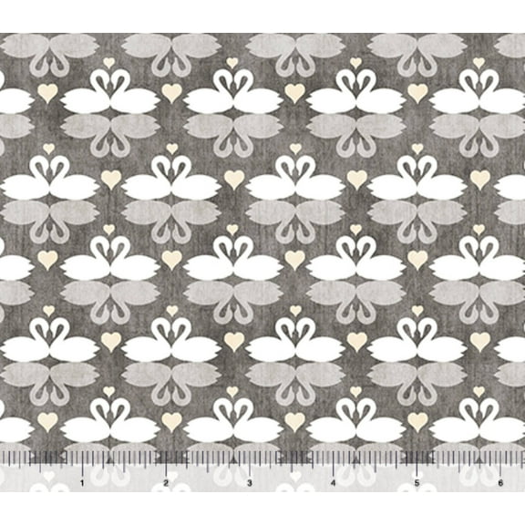 Dark Gray "I Do" Wedding Swans 100% Cotton Fabric Sold by The Yard