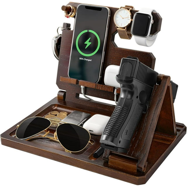 Multifunctional Wooden Gun Rack, Durable Nightstand Organizer with Pistol Rack for Phone Wallet Ring Key Military Watch Pistol Display Stand Gun Gifts for Men Husband Dad Boyfriend, Dark Brown