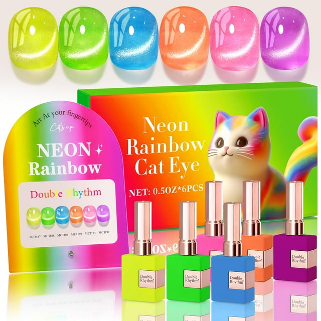 Set de esmaltes de uñas en gel Double Rhythm Cat Eye, 15 ml x 6, color neón
