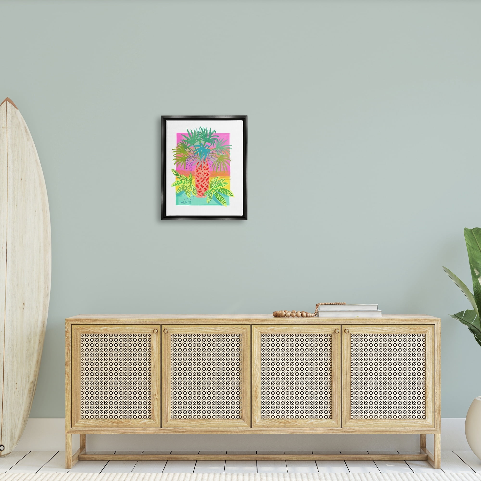 Stupell Industries Neon Palm Tree Botanicals Tropical Coastal Leaves Graphic Art Luster Gray Floating Framed Canvas Print Wall Art, Design by unknown