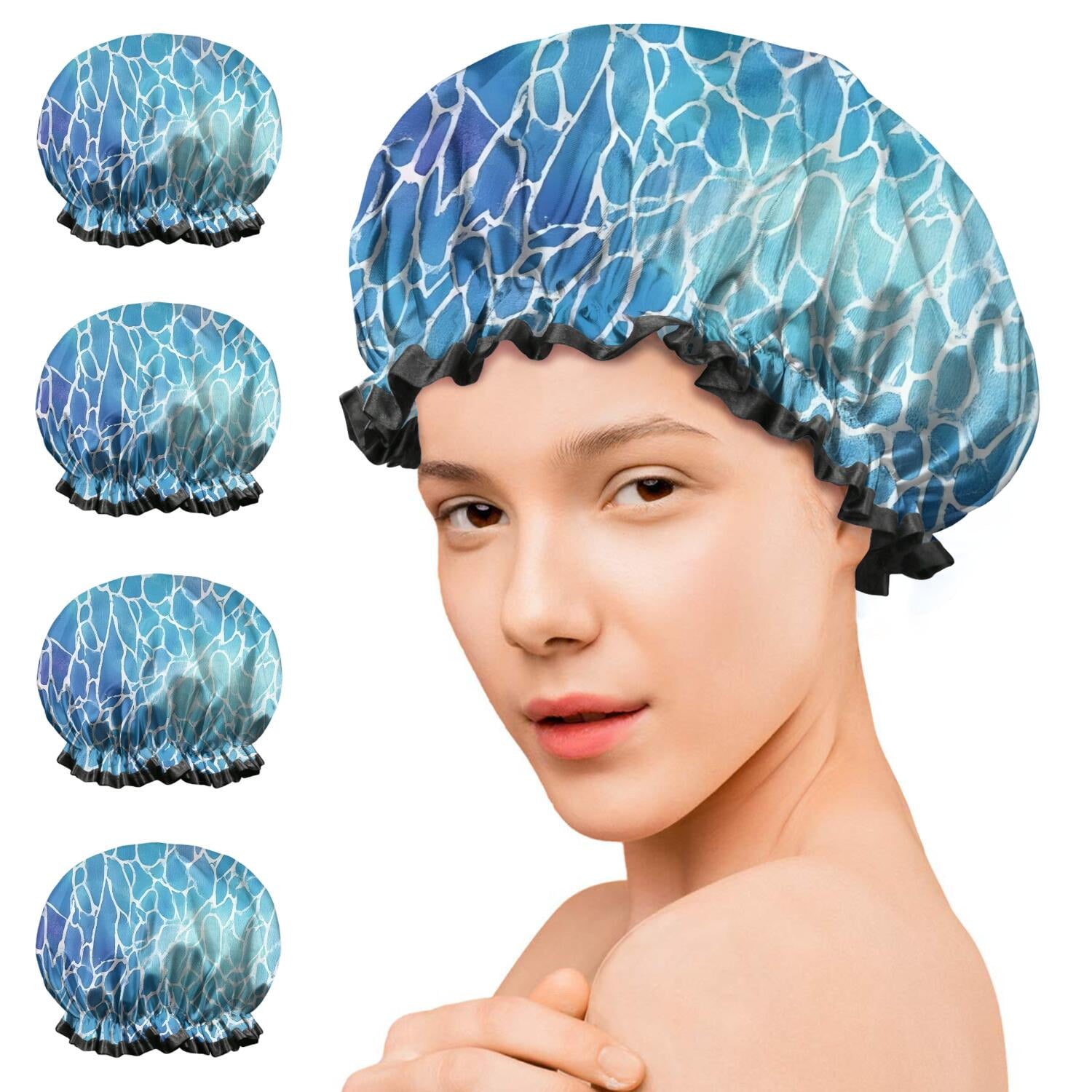 Shower Caps,Blue White Tie Dye Cracked Pattern Waterproof Shower Cap for Women 4 Pieces,Double Reusable Hair Cover for Shower PEVA Elastic Stretch Hem