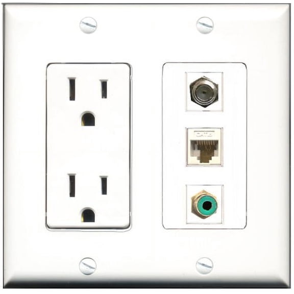 RiteAV - 15 Amp Power Outlet 1 Port RCA Green 1 Port Coax 1 Port Cat6 Ethernet Ethernet White Decorative Wall Plate