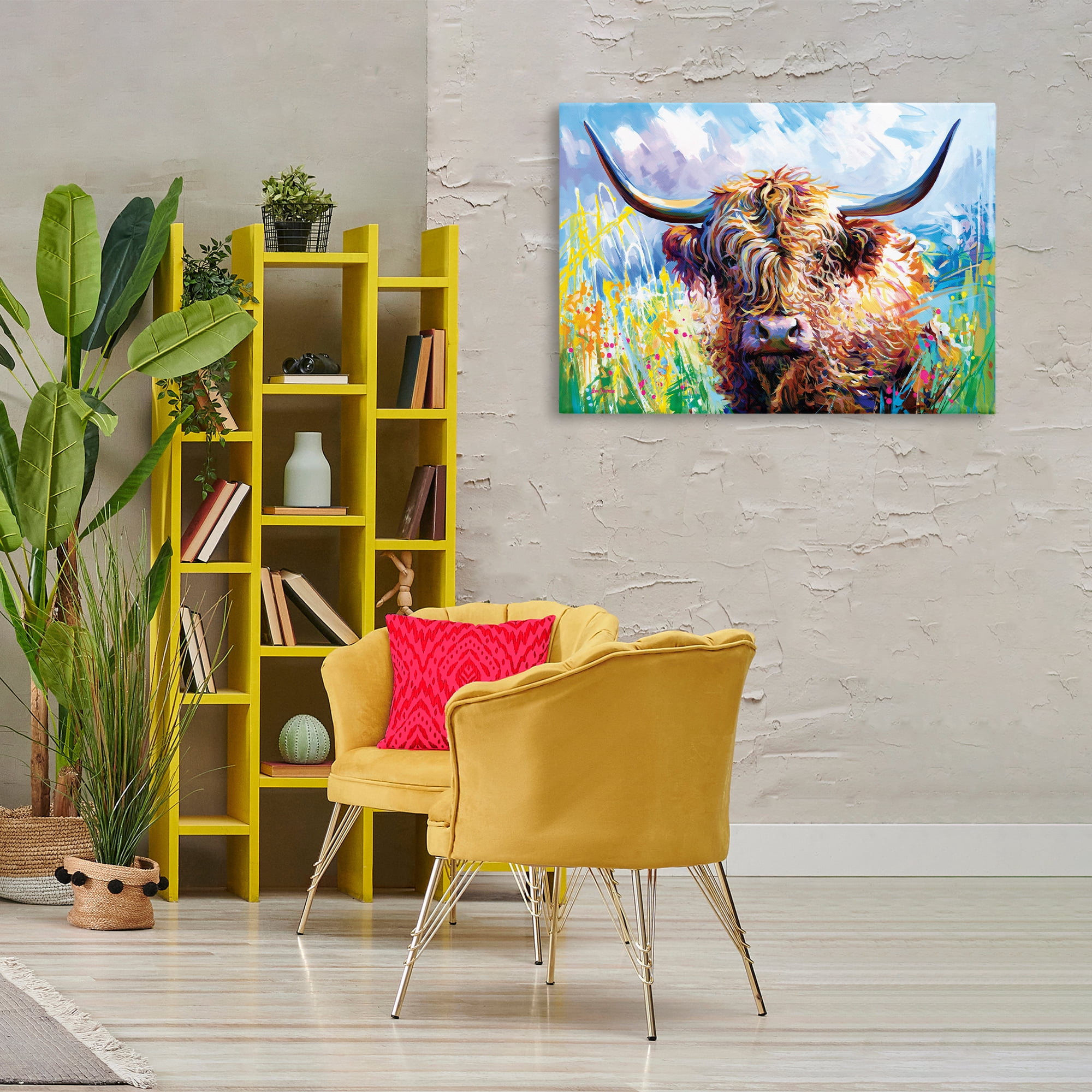 Stupell Industries Long Haired Highland Cattle Animals & Insects Painting Gallery Wrapped Canvas Art Print Wall Art, 36 x 24