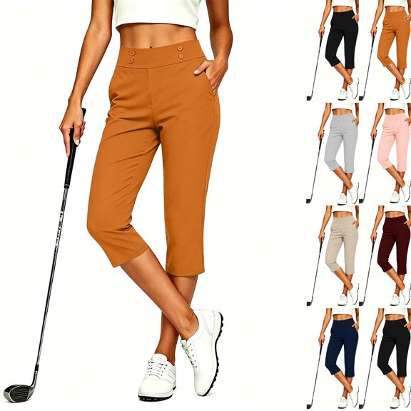 Capri Golf Pant Women Waist Button Quick Dry Athletic Cropped Trousers,Comfortable,Athletic Sport Wear,Wrinkle Resistant,Deep Side Slip Pocket,Soft Bottom Wear Orange S