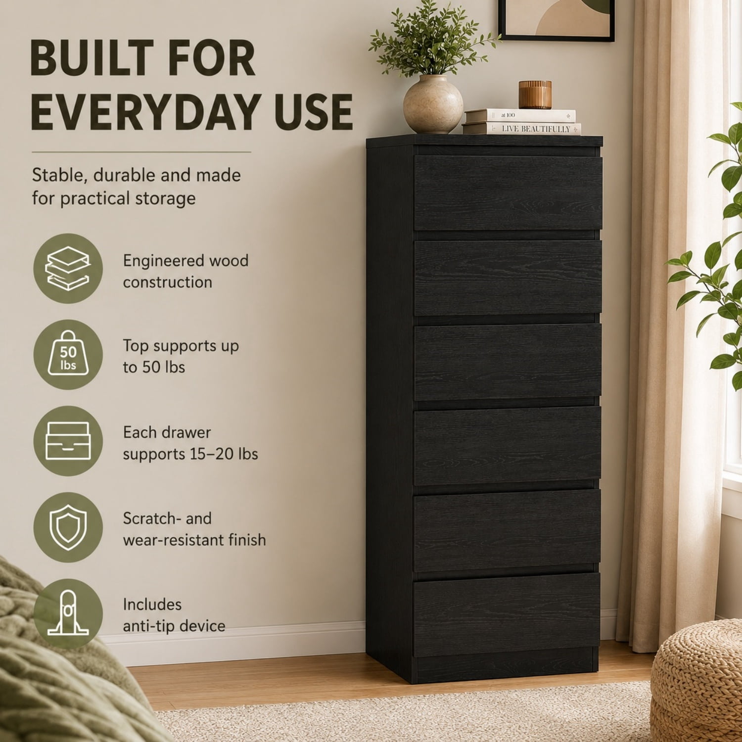 Miniyam 6 Drawer Dresser, Black Tall Dresser Chest of Drawers, Modern Handle-Free Storage Cabinet for Bedroom and Closet