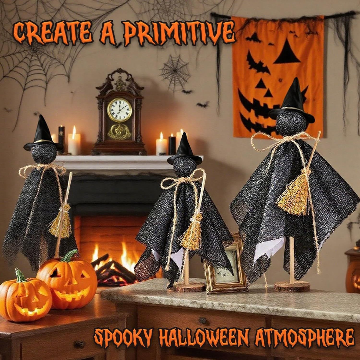 Primitive Halloween Ghost Set with Wizard Hats on Wooden Stands for Rustic Home Decor