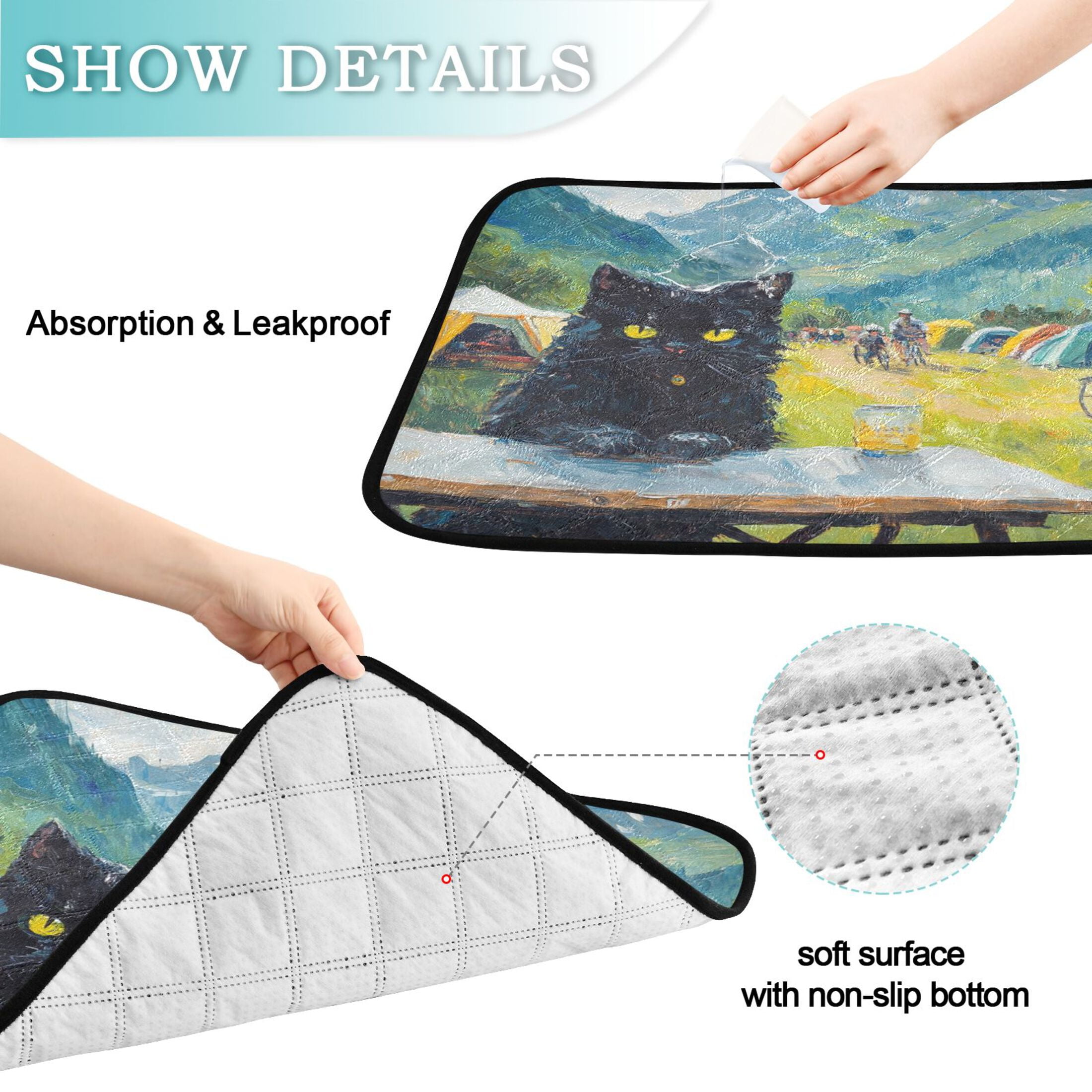 Qxltty Picnic Black Cat Cat litter Pads Pet Set of 2 Diaper Mats Center Anti-leakage Layer Absorbent Soft and Comfortable