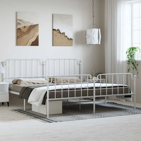 vidaXL California King Metal Bed Frame with Headboard & Footboard, Sturdy Steel, White, No Mattress