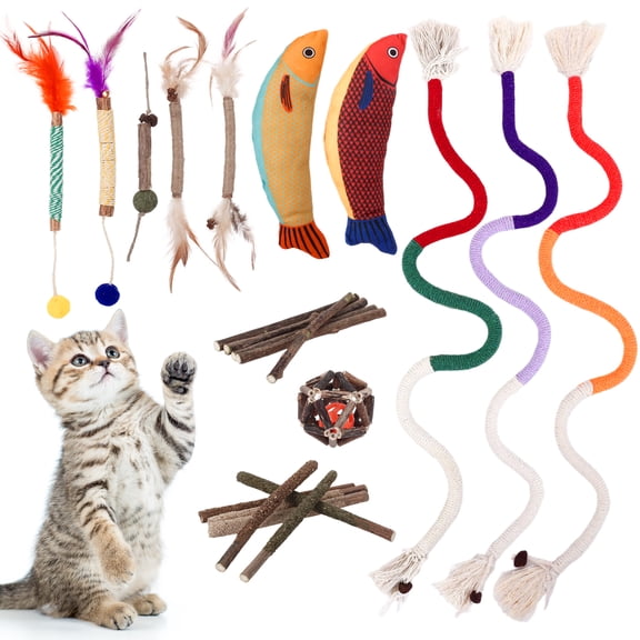 shuaien 22 Pack Cat Toys Set, Cat Teething Chew Toy, Cat Natural Silvervine Sticks, Interactive Toy for Bored Indoor Cats, Self-Play Kicker Cat Toy, Cat Toy Including Saury Fish, Ringing, Cotton Rope
