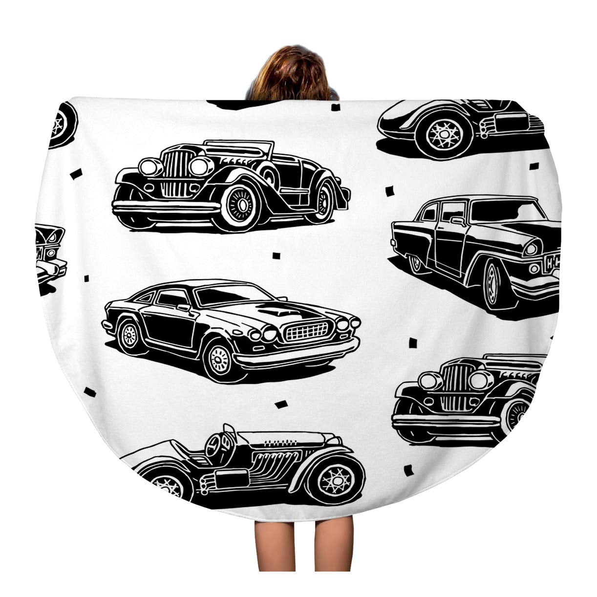 NUDECOR 60 inch Round Beach Towel Blanket Car Retro Autos Pattern Vintage Classic Garage Black