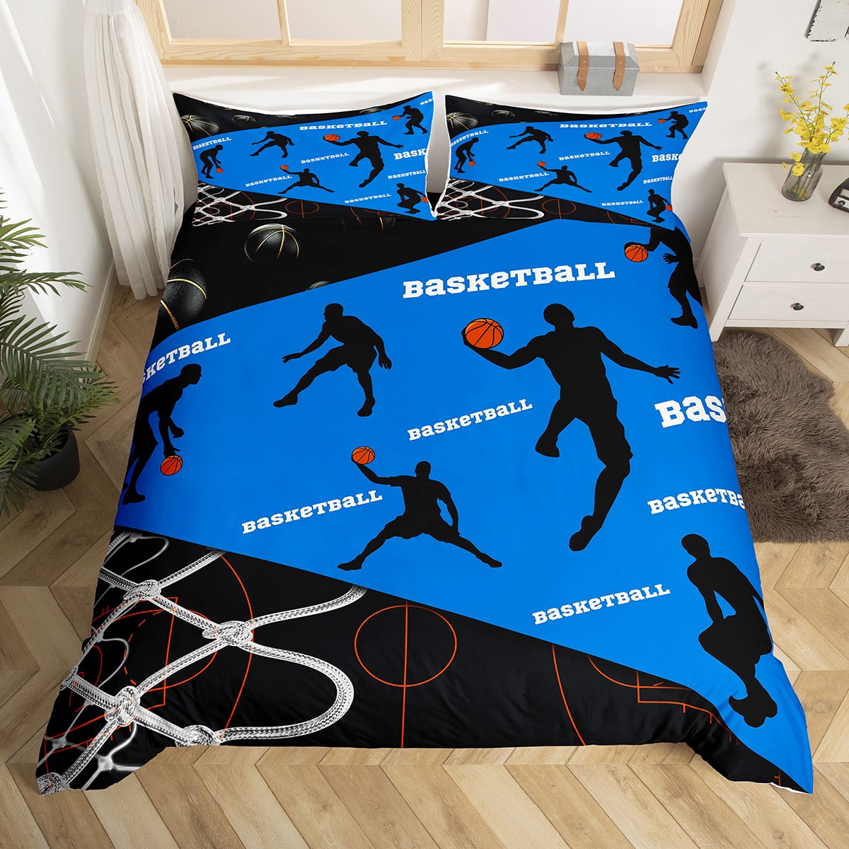 Basketball Duvet Cover Full Sports Bedding Set for Boys Blue and Black