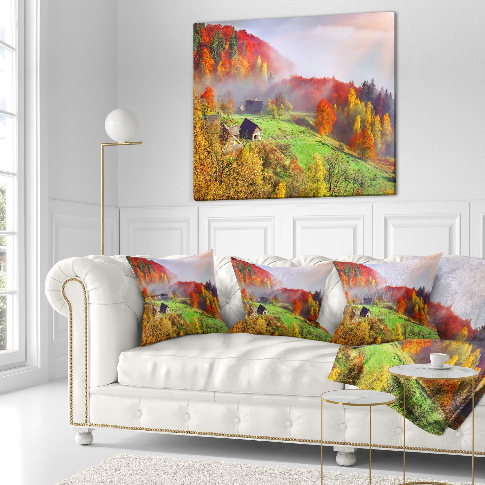 Designart Colorful Mountain Village - Landscape Photo Throw Pillow - 16x16