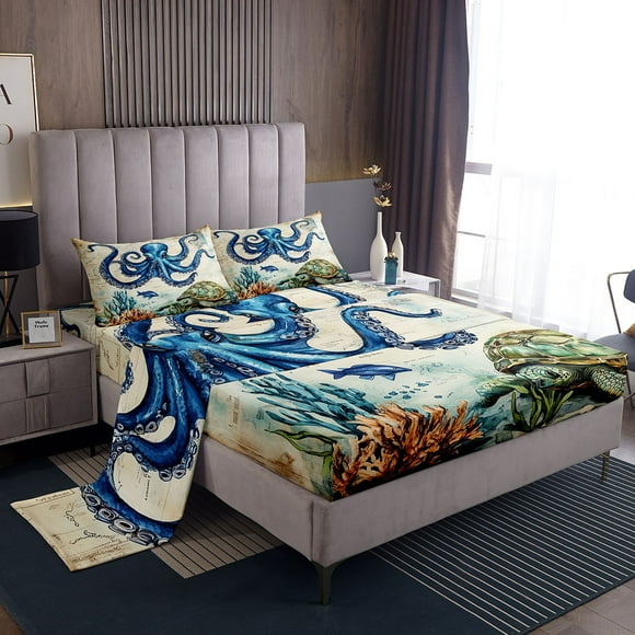Erosebridal Kids Octopus Full Sheet Sets, Retro Map Bedding Full Size, Nautical Ocean decor, 4-Piece
