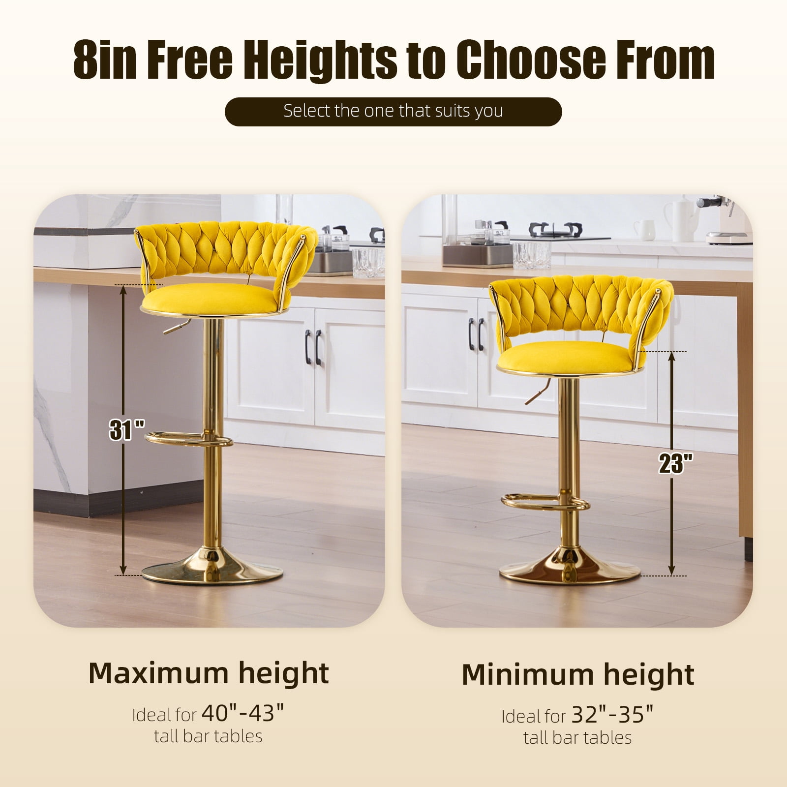 MOONMISS Velvet Upholstered Adjustable Height Swivel Armless Bar Stools with Golden Footrest(set of 2)-Yellow