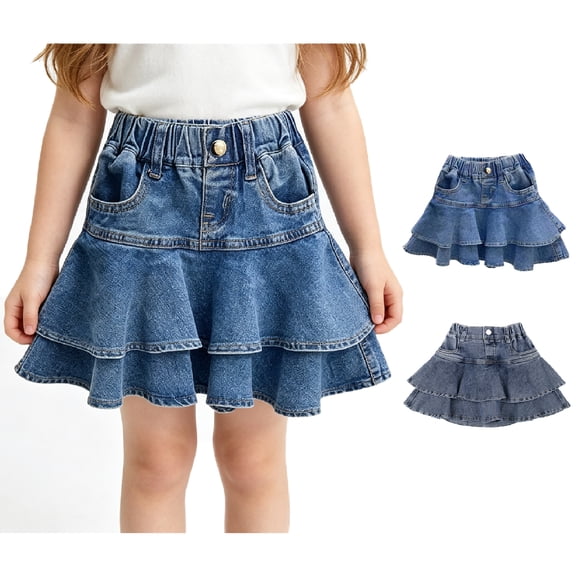 XINXIAOO Kids Girls Denim Skirt Summer Mini Flared Pleated Jean Skirts Outfits for Girls 5-6 Years