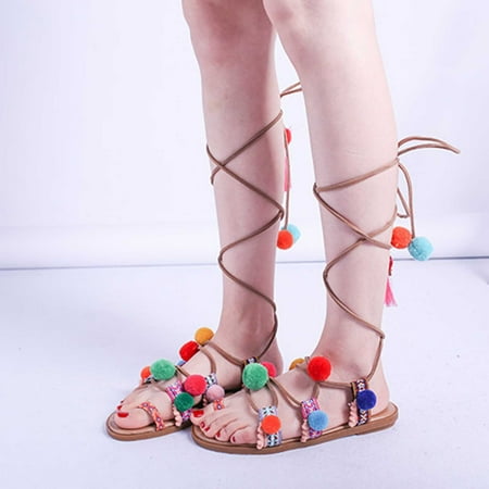 

AOOCHASLIY Independence Day Shoes Summer Boho Ethnic Style Hairball Clip-toe Flat Beach Sandals