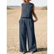 thumbnail image 4 of Conjunto de 2 piezas casual sólido, top sin mangas de cuello redondo y pantalones de pierna ancha de cintura alta, ropa de mujer, 4 of 4