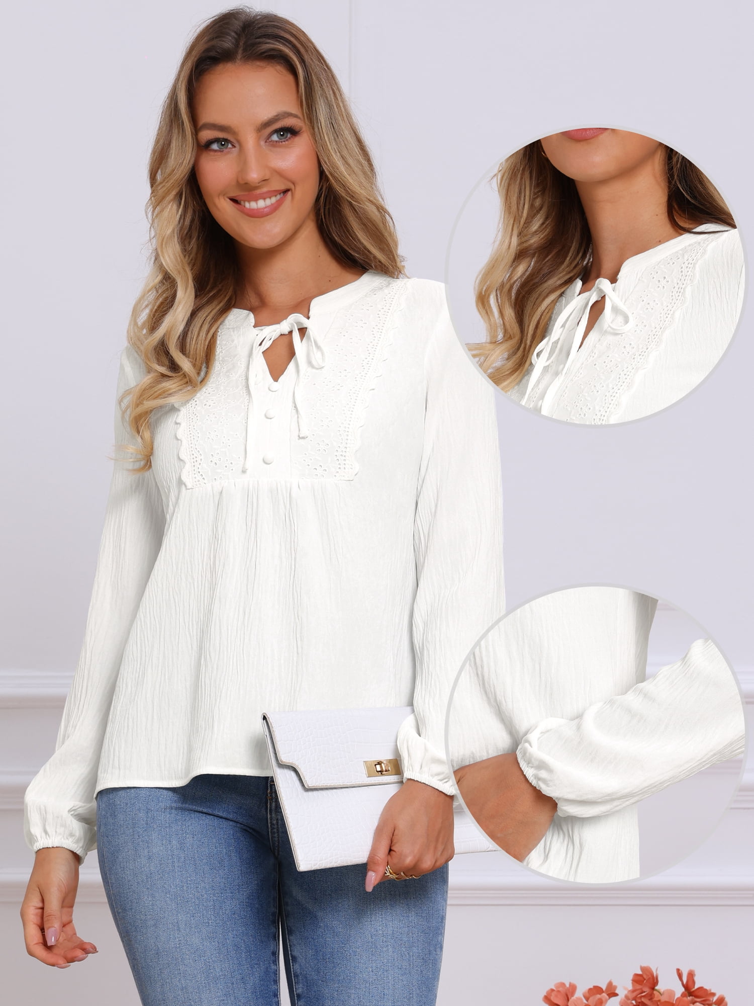 DARING DIVA Women's Tie Front Casual V Neck Blouses XS White