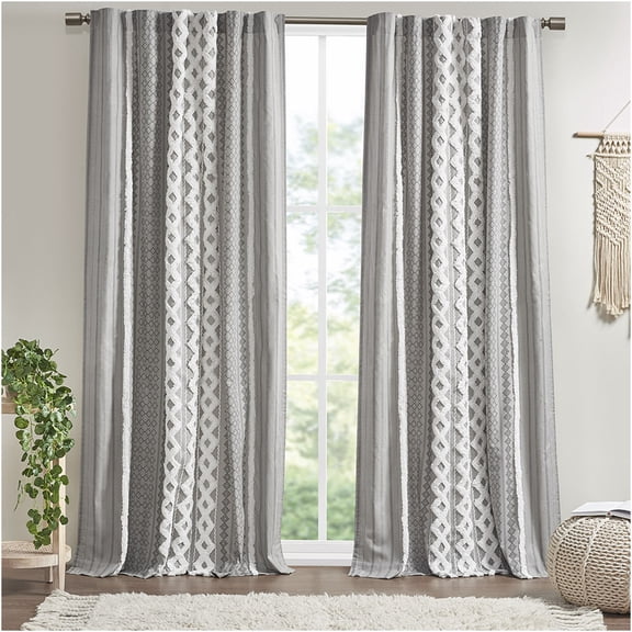 JERFIT Gray Chenille Stripe Curtains for Living Room 50x84 Inch, Blackout Lined Textured Geometric Print Window Panels with Rod Pocket