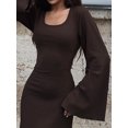 thumbnail image 3 of Wangscanis Robe Longue pour Femmes, Élégante Robe Cocktail à Manches Évasées, Col en U, Côtelée, Unie, Robe d'Automne, 3 of 9