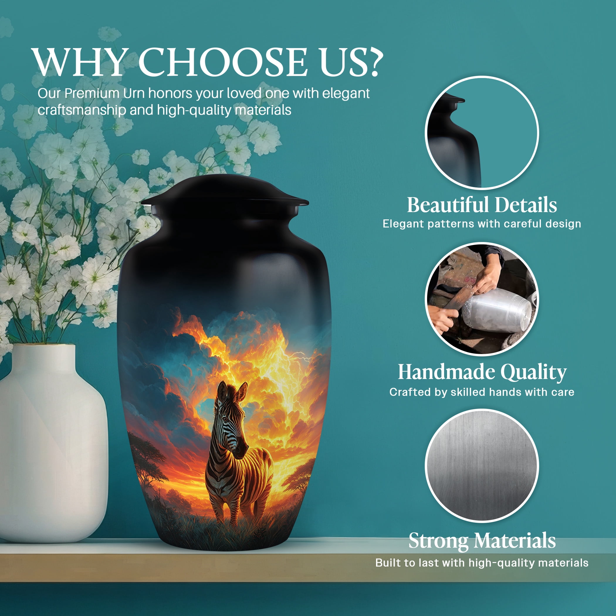 SABURIAL Zebra Urn - Decorative Small Keepsake Urns For Mom & Dad Ash - Adult Urn For Male & Female Ashes - Keepsake Urns For Ashes - Combo - 10 Inch Large & 3 Inch