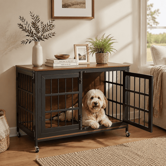 Doyolan Large Wooden Dog Crate Furniture with Heavy Duty Metal Frame, Indoor Dog Kennel Cabinet with Double Doors, Side Door, Lockable Wheels and Adjustable Feet for Medium Large Dogs