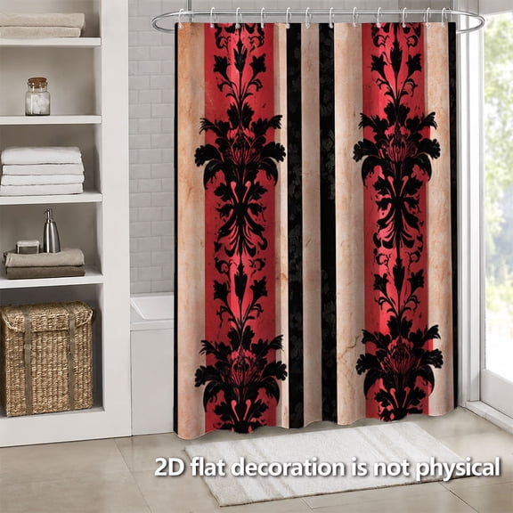 Hoease Vintage Red Black Stripe Damask Floral Shower Curtain, 71W x 71L Inch Waterproof Fabric Bathroom Curtain with 12 Hooks, Classic Victorian Bath Decor