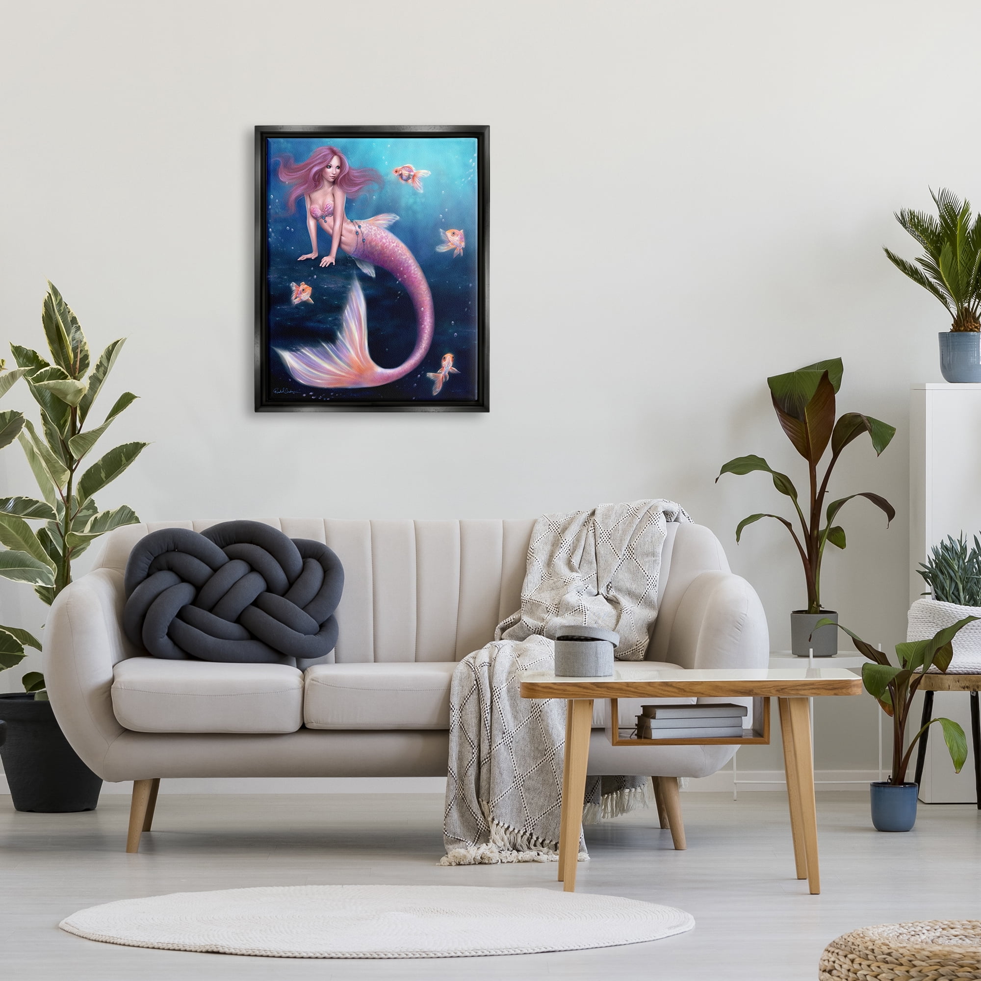 Stupell Industries Aurelia Mermaid in Sea Fairy Tales & Fantasy Painting Black Floater Framed Canvas Art Print Wall Art, 25 x 31