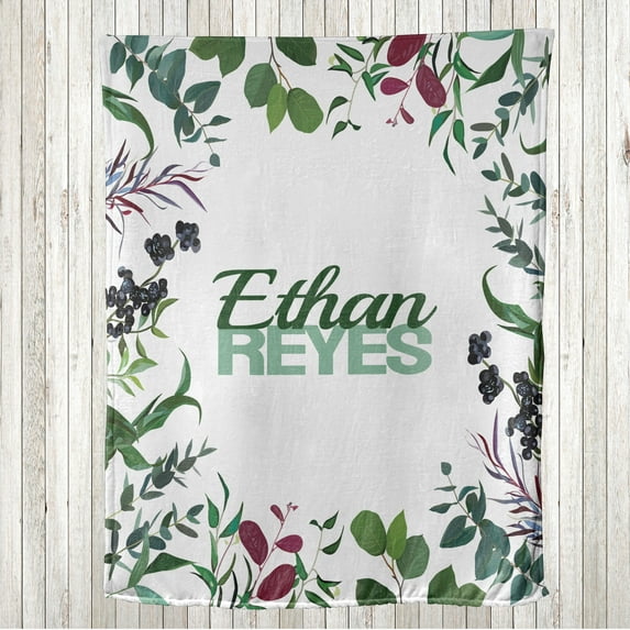 Botanical Throw Blanket, Berries Leaves Garden Blossoming Details Frame of Branches Nature Love, Flannel Fleece Accent with Custom Name Photo Backdrop, 60" x 40", Fern Green and Maroon, by Ambesonne