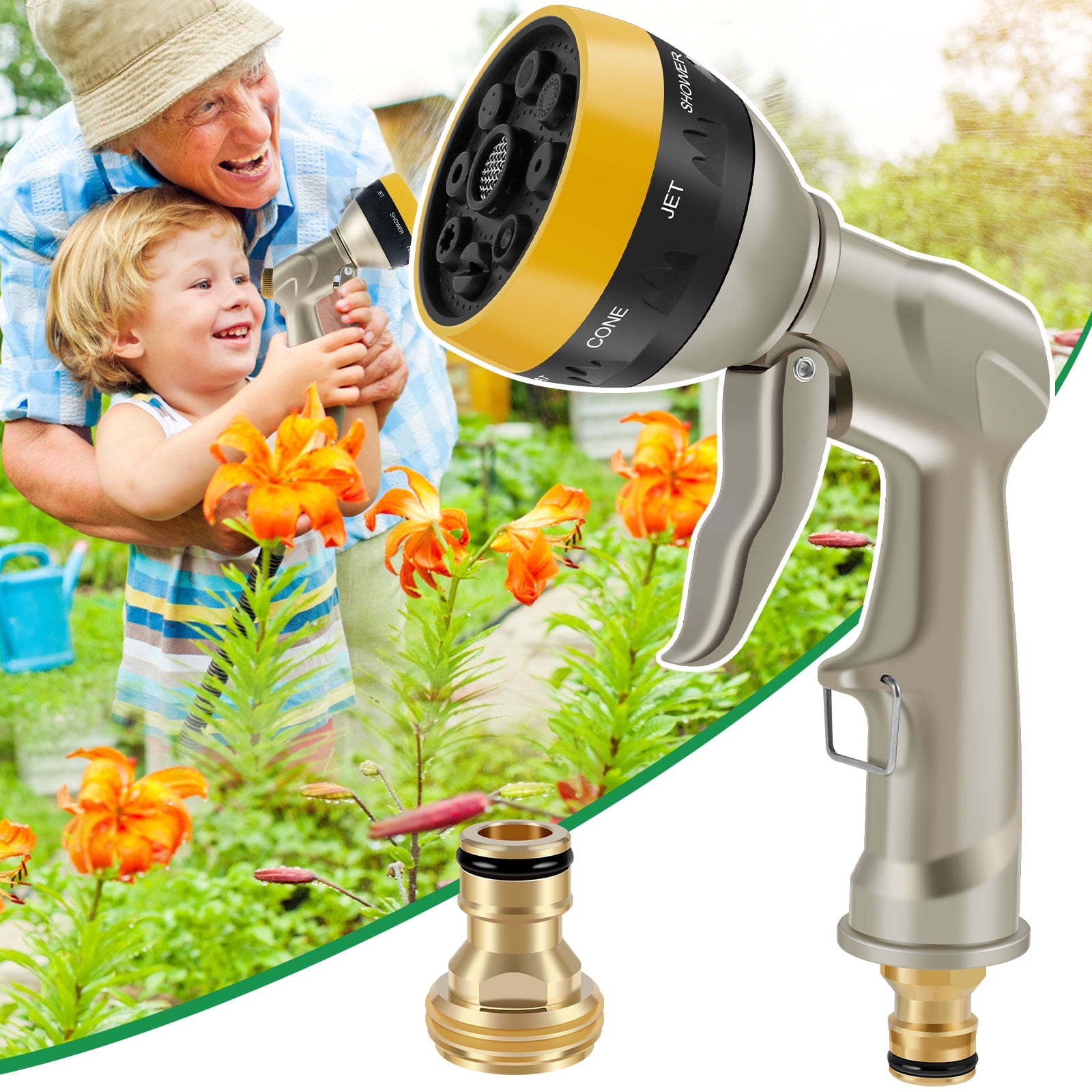CIVG Garden Hose Spray Nozzle Heavy Duty Metal Water Hose Pipe Sprayer with 8 Adjustable Patterns High Pressure Water Hose Spray Head for Plant Watering Car and Pet Washing