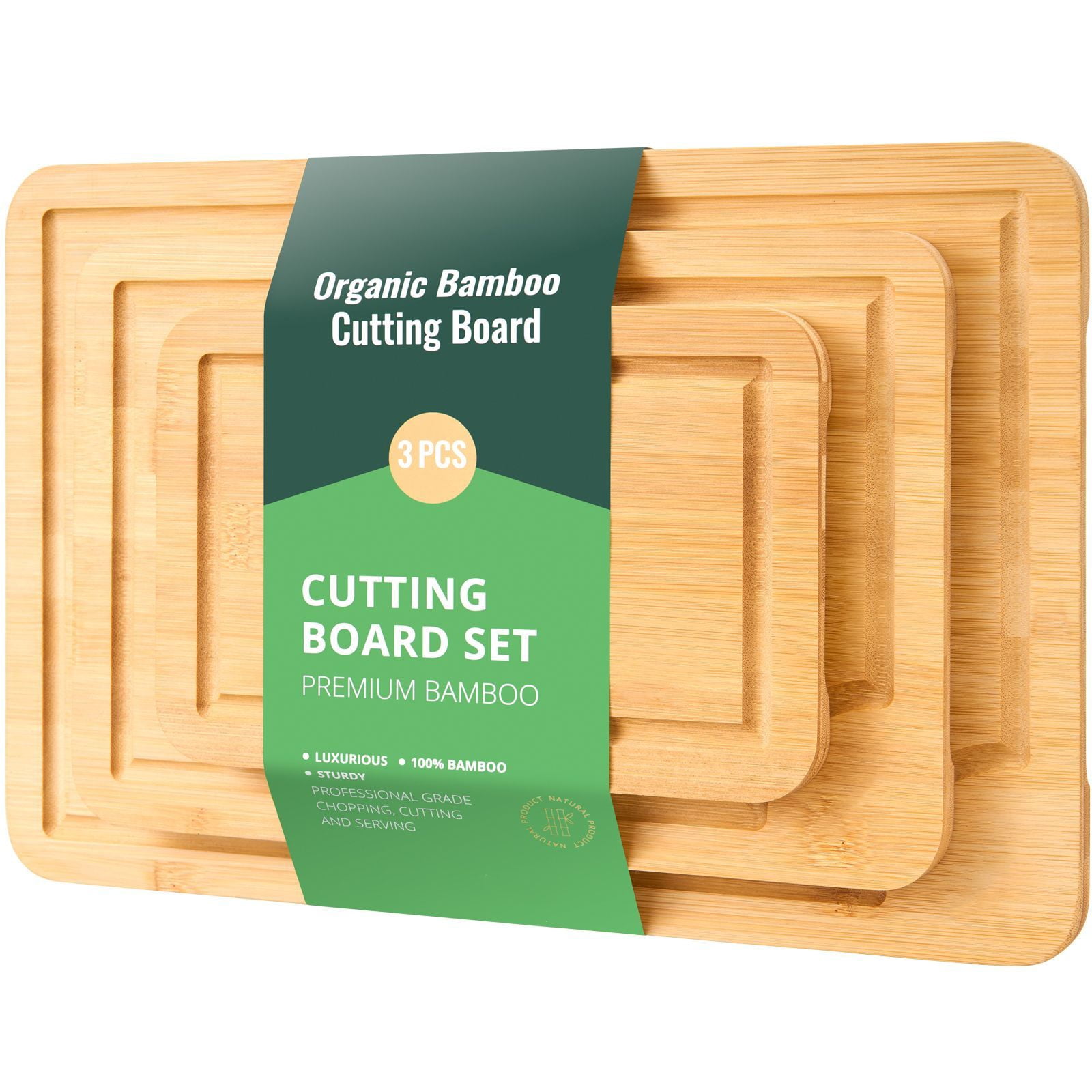 Cutting Board, 3 Pieces, Versatile Bamboo Cutting Board with Food-Grade Oil and Juice Groove,Sturdy & Durable Chopping Board with Built-in Handle, Fit for Display, Chopping & Serving
