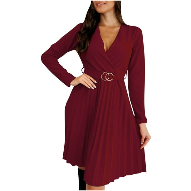 Mujer Sexy cuello en V manga larga Color sólido suéter otoño rodilla-longitud vestido con cinturón Fridja nalpqowj5292