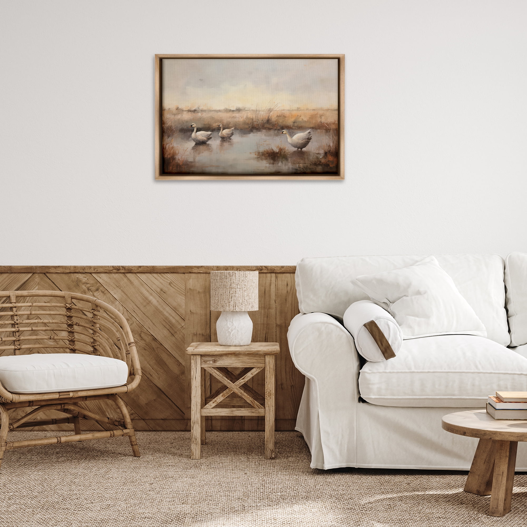 Stupell Industries Swan Family Rural Pond Landscape & Nature Painting Brown Floater Framed Canvas Art Print Wall Art, 31 x 21